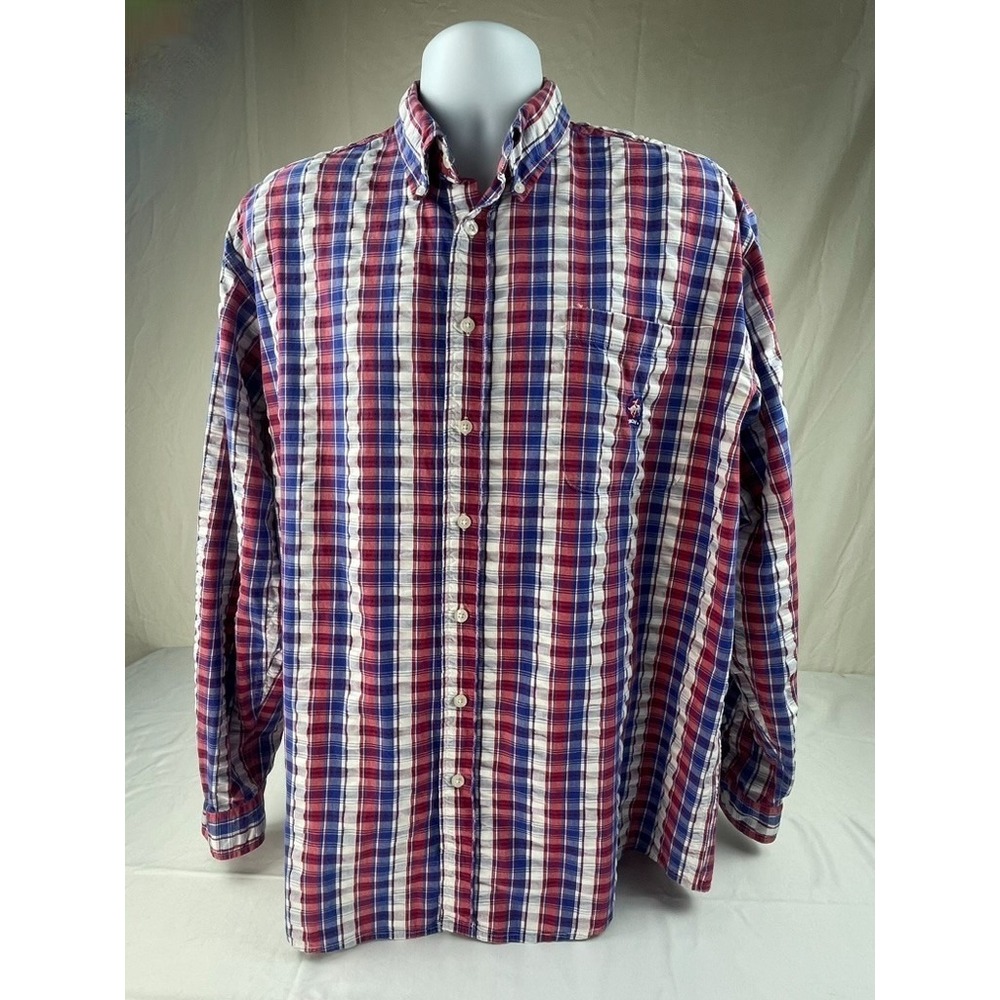 CINCH MENS LARGE CRINKLE COTTON PLAID BUTTON FRONT WESTERN SHIRT RED BLUE WHITE